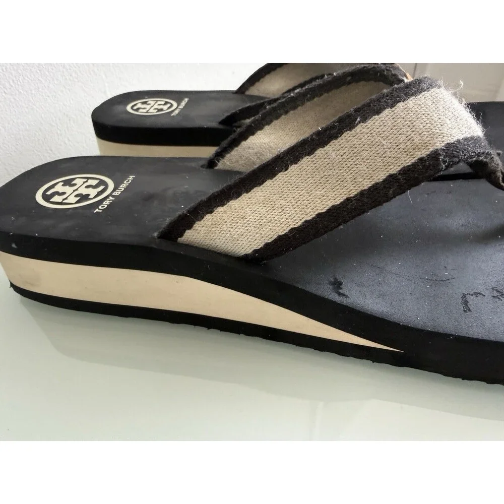 Tory Burch Flip Flop Sandals Black Cream Logo Thong Summer Beach Slides 10